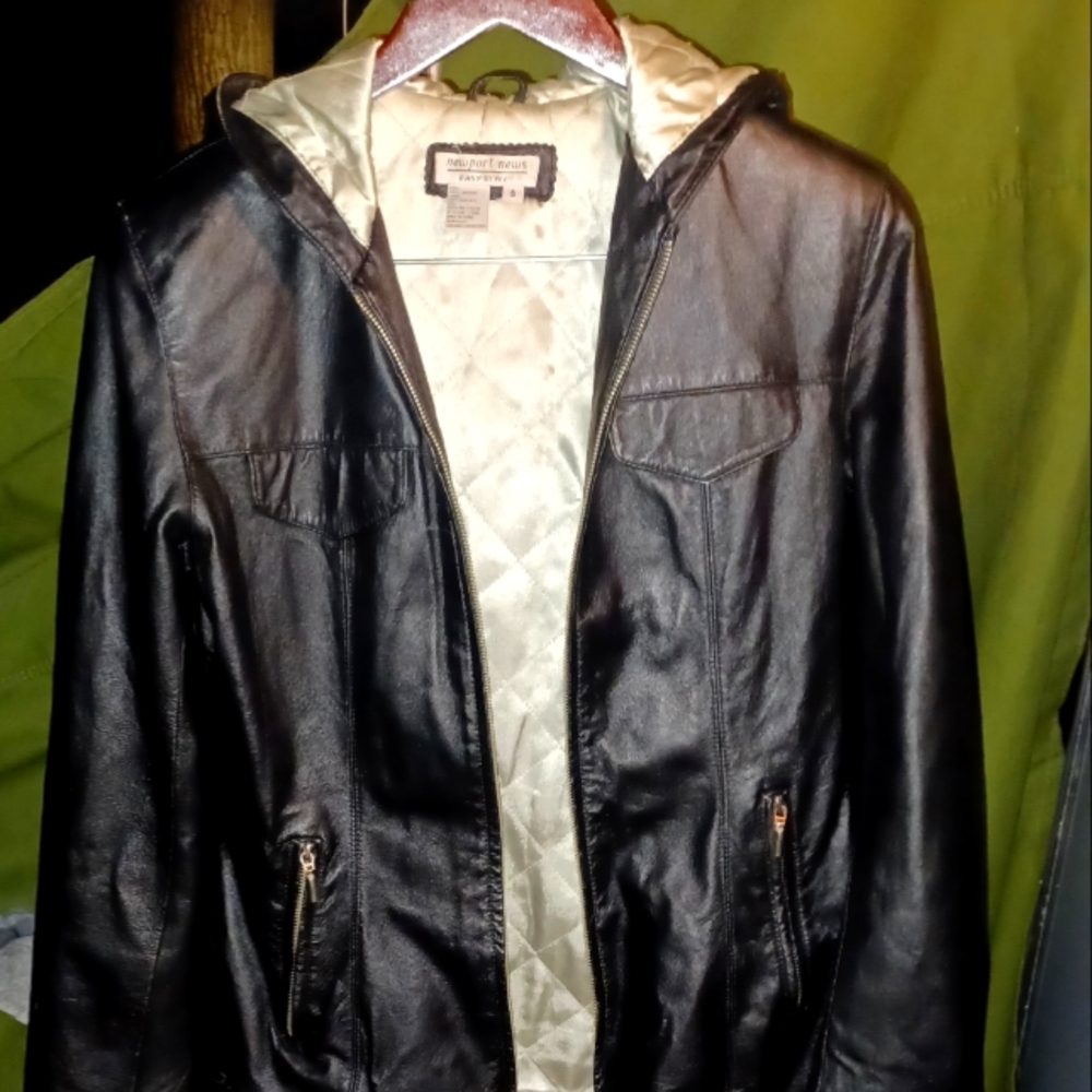 Hooded black leather jacket